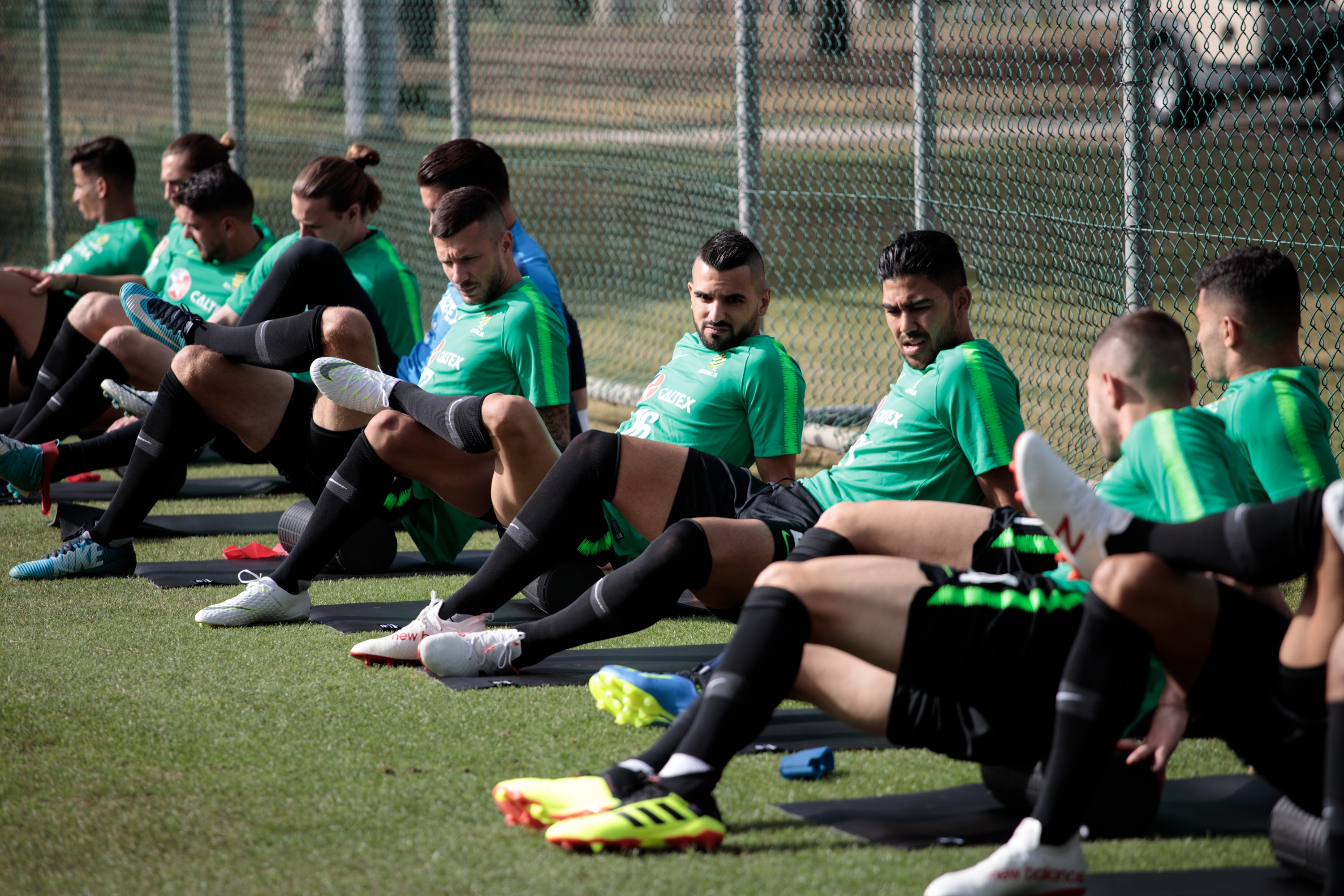 Socceroos players before training