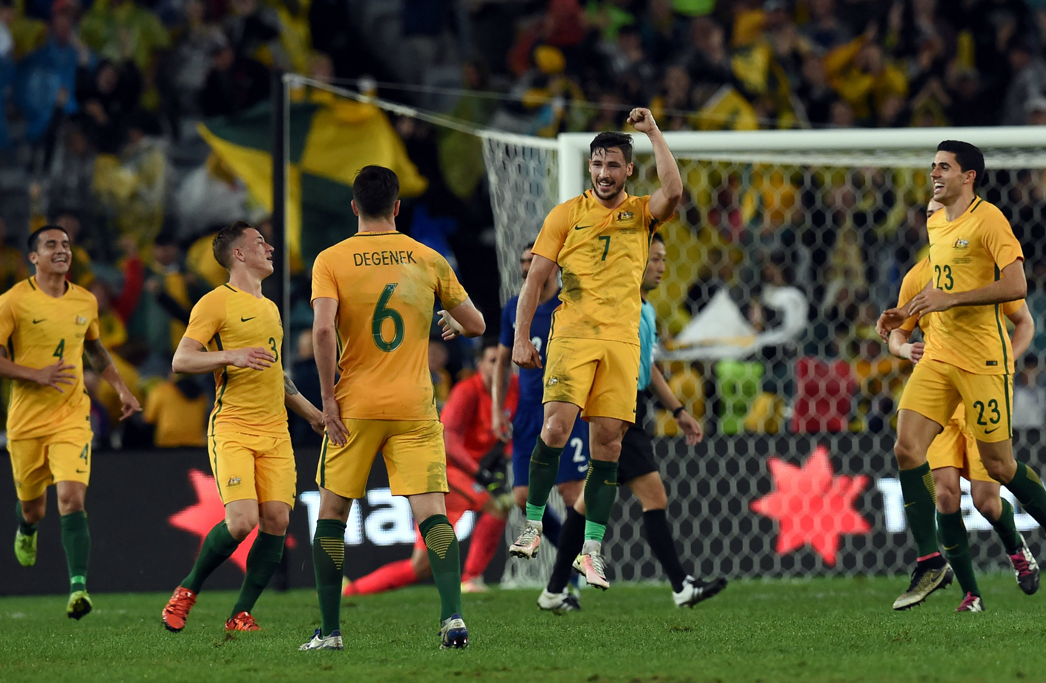 Mat Leckie celebrates his winner against Greece in 2016.