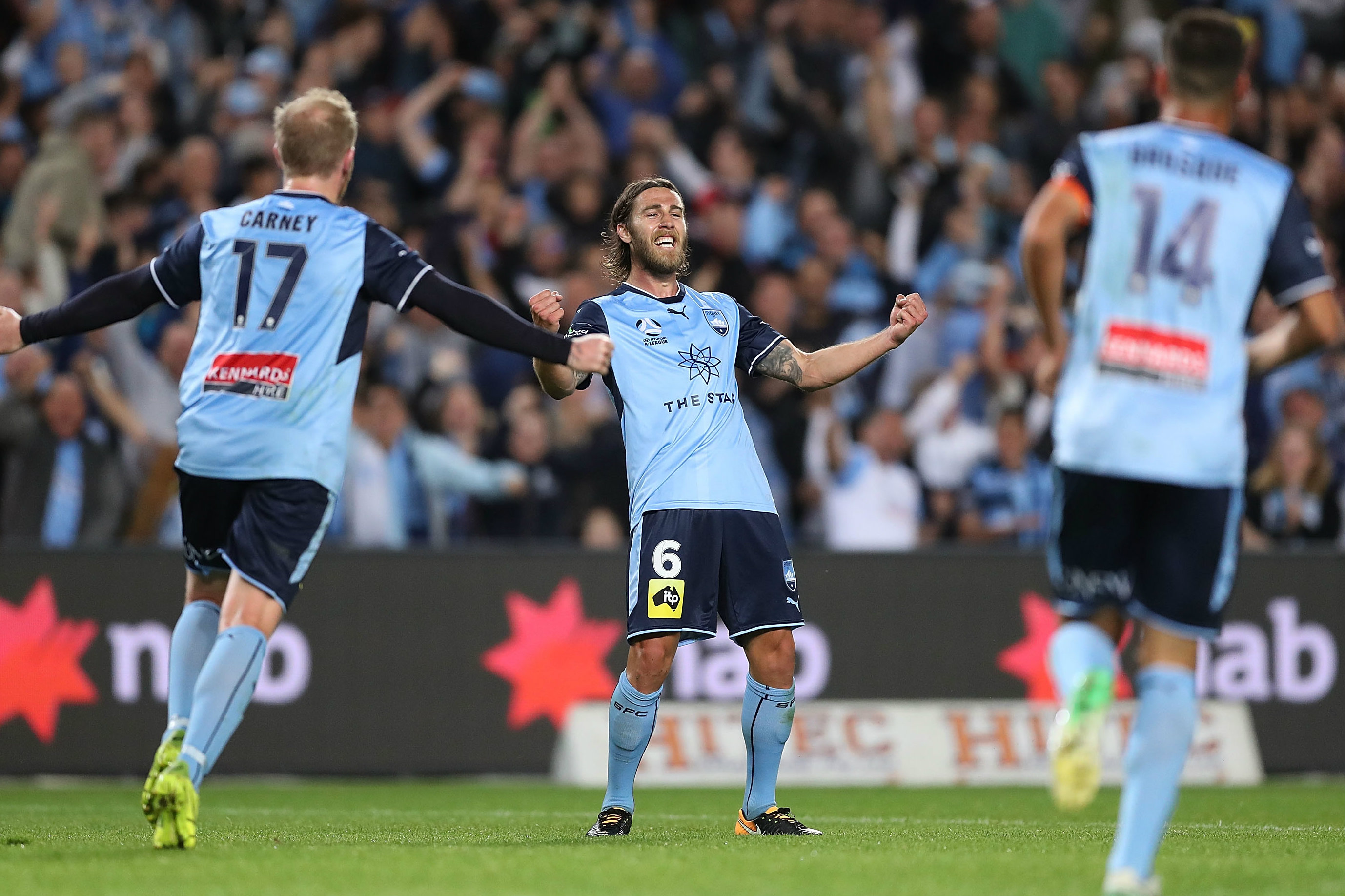 Josh Brillante celebrates his goal in the Sydney Derby.