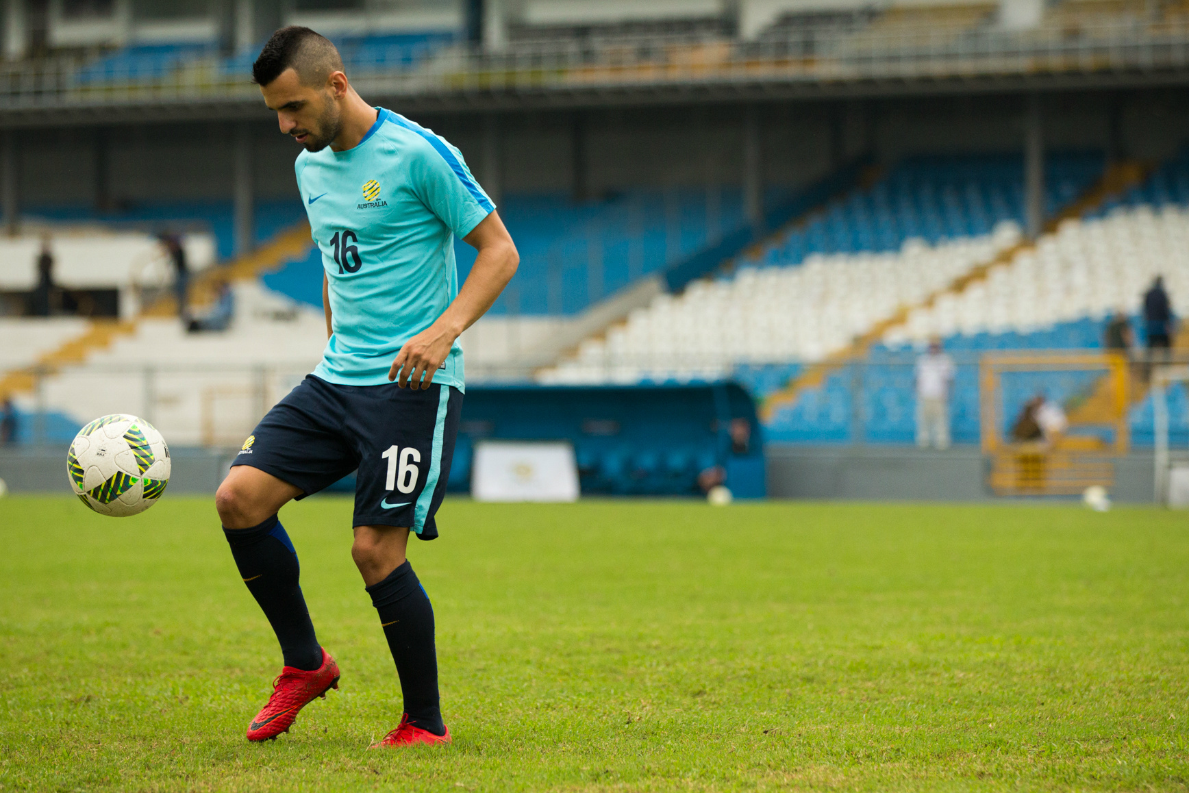 Aziz Behich does some juggling at the Caltex Socceroos first training session in Honduras. Aziz Behich does some juggling at the Caltex Socceroos first training session in Honduras.