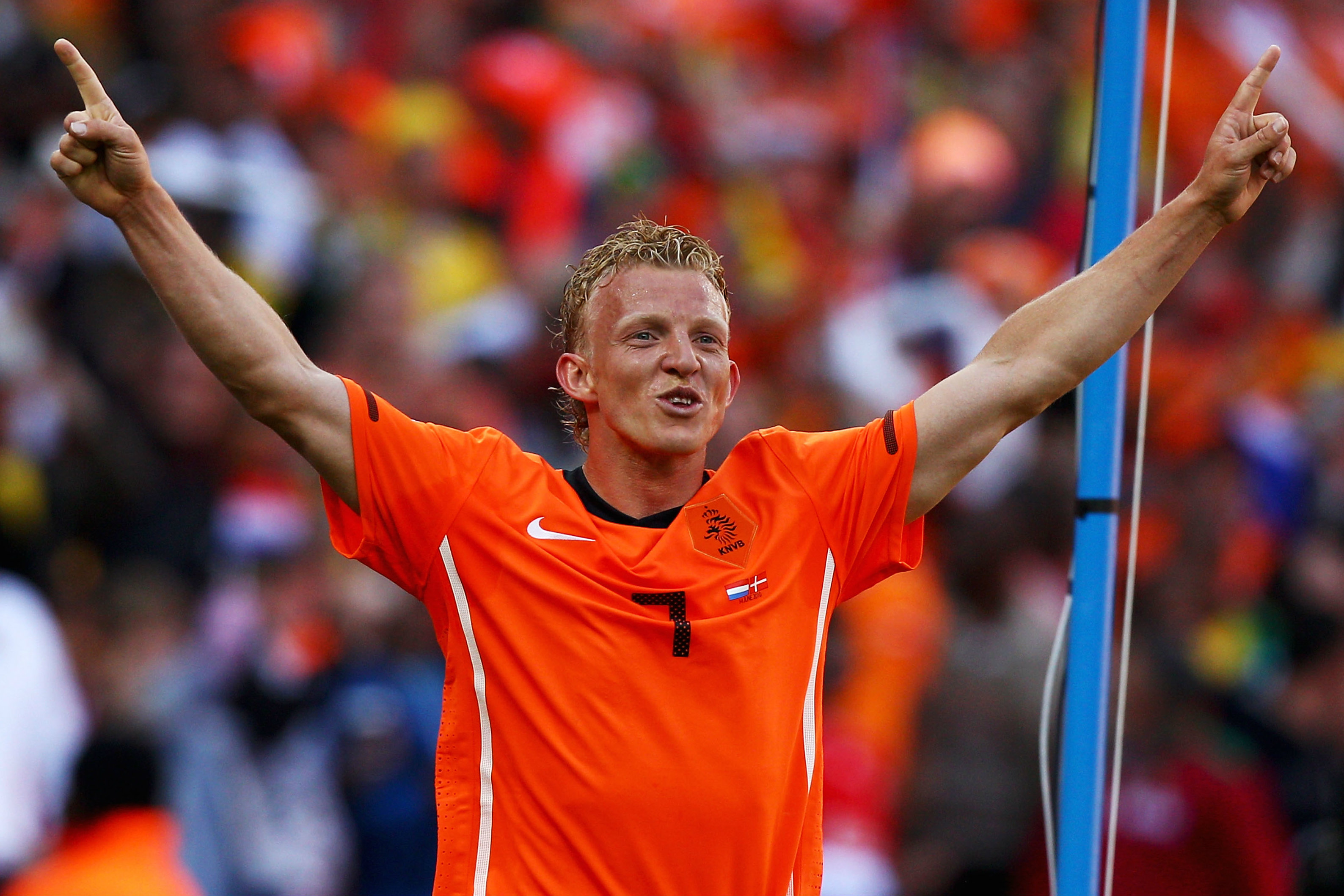 Dirk Kuyt celebrates sealing the Netherlands' win over Denmark. Dirk Kuyt celebrates sealing the Netherlands' win over Denmark.