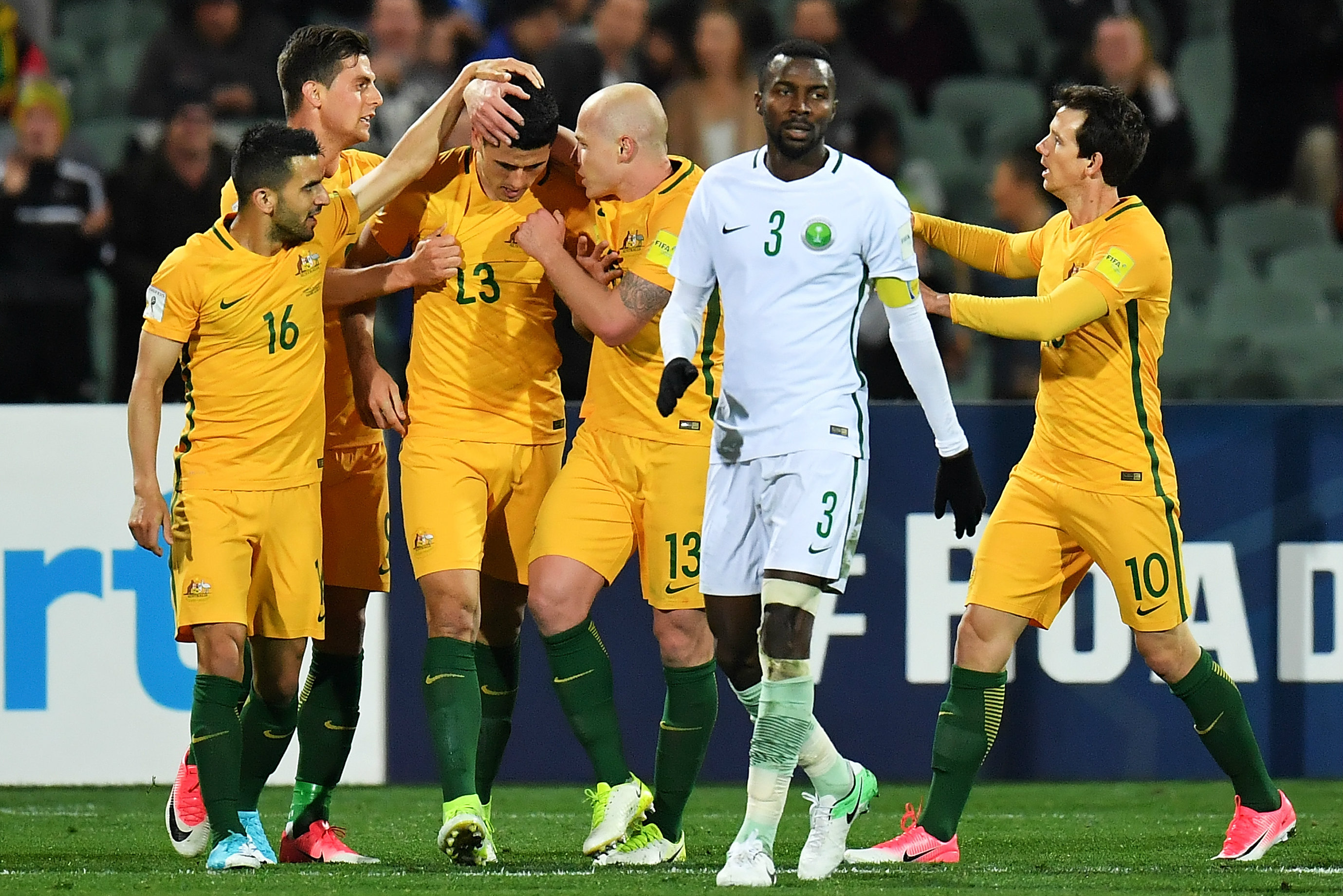The Caltex Socceroos celebrate Tom Rogic's winner in Adelaide. The Caltex Socceroos celebrate Tom Rogic's winner in Adelaide.