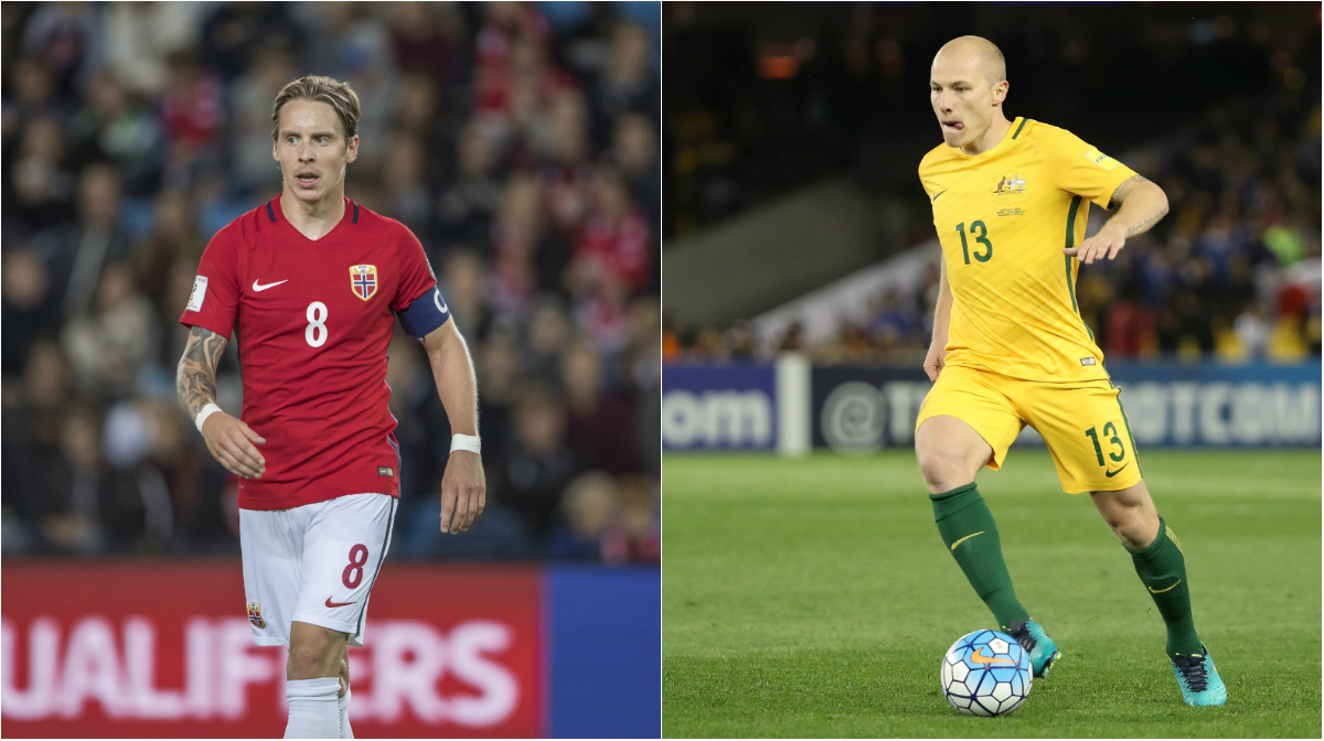 Norway midfielder Stefan Johansen and Caltex Socceroo Aaron Mooy. Norway midfielder Stefan Johansen and Caltex Socceroo Aaron Mooy.