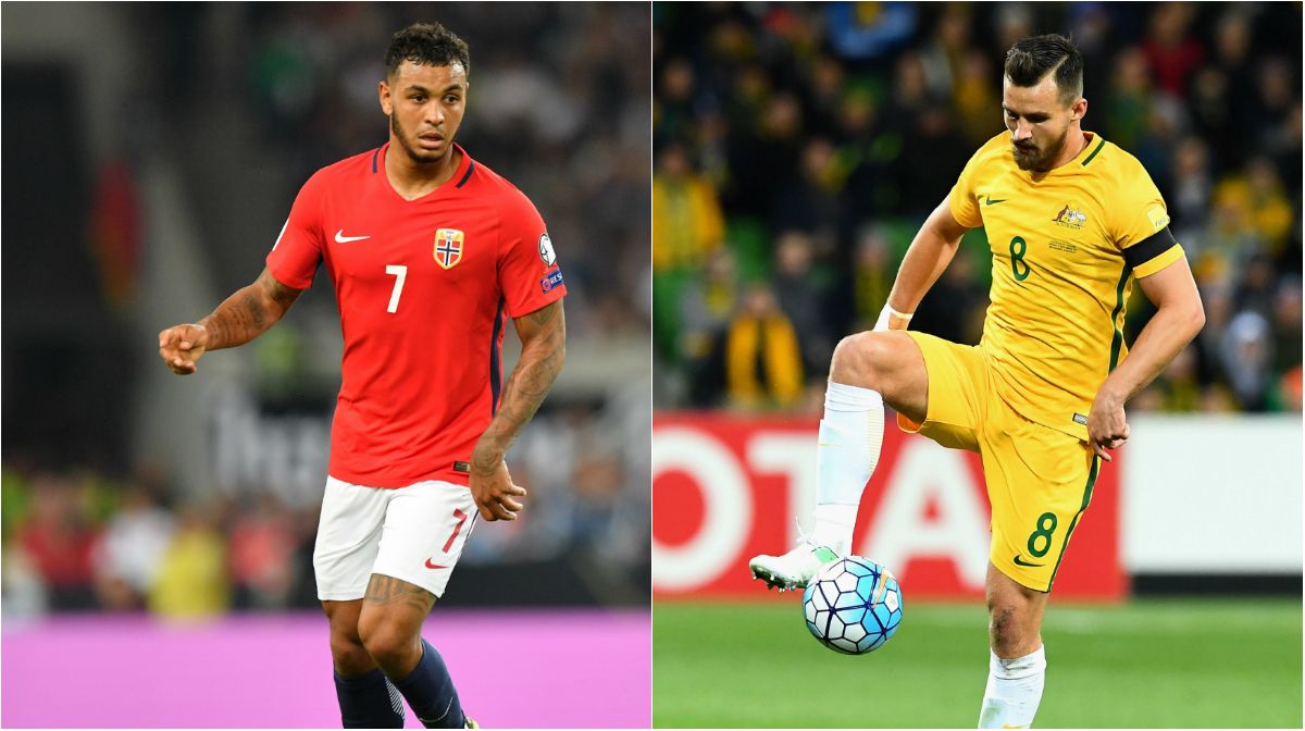 Joshua King of Norway and Caltex Socceroos' Bailey Wright. Joshua King of Norway and Caltex Socceroos' Bailey Wright.