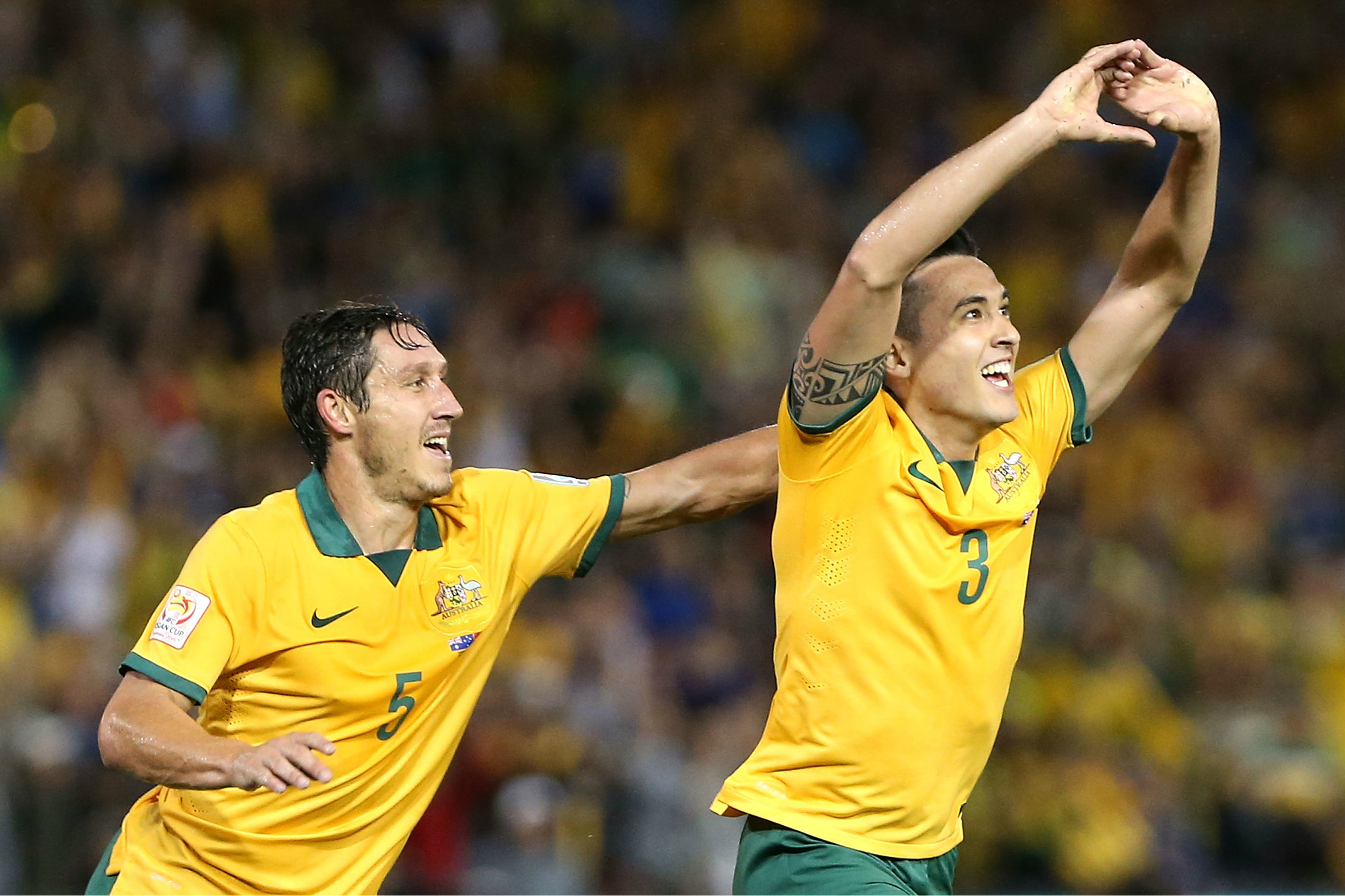 Jason Davidson celebrates his semi-final goal at the 2015 Asian Cup.