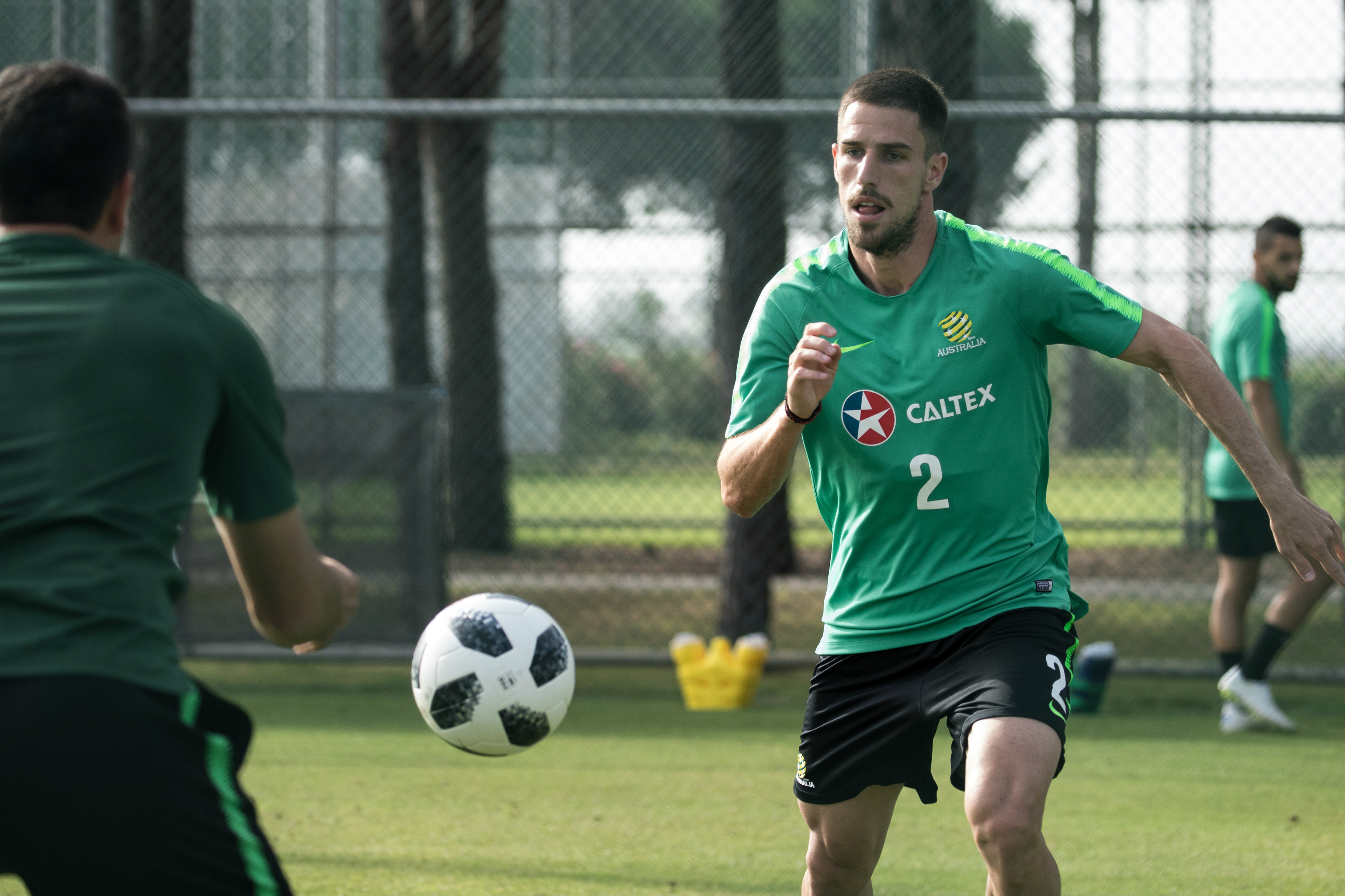 Milos Degenek hard at work on the training pitch.