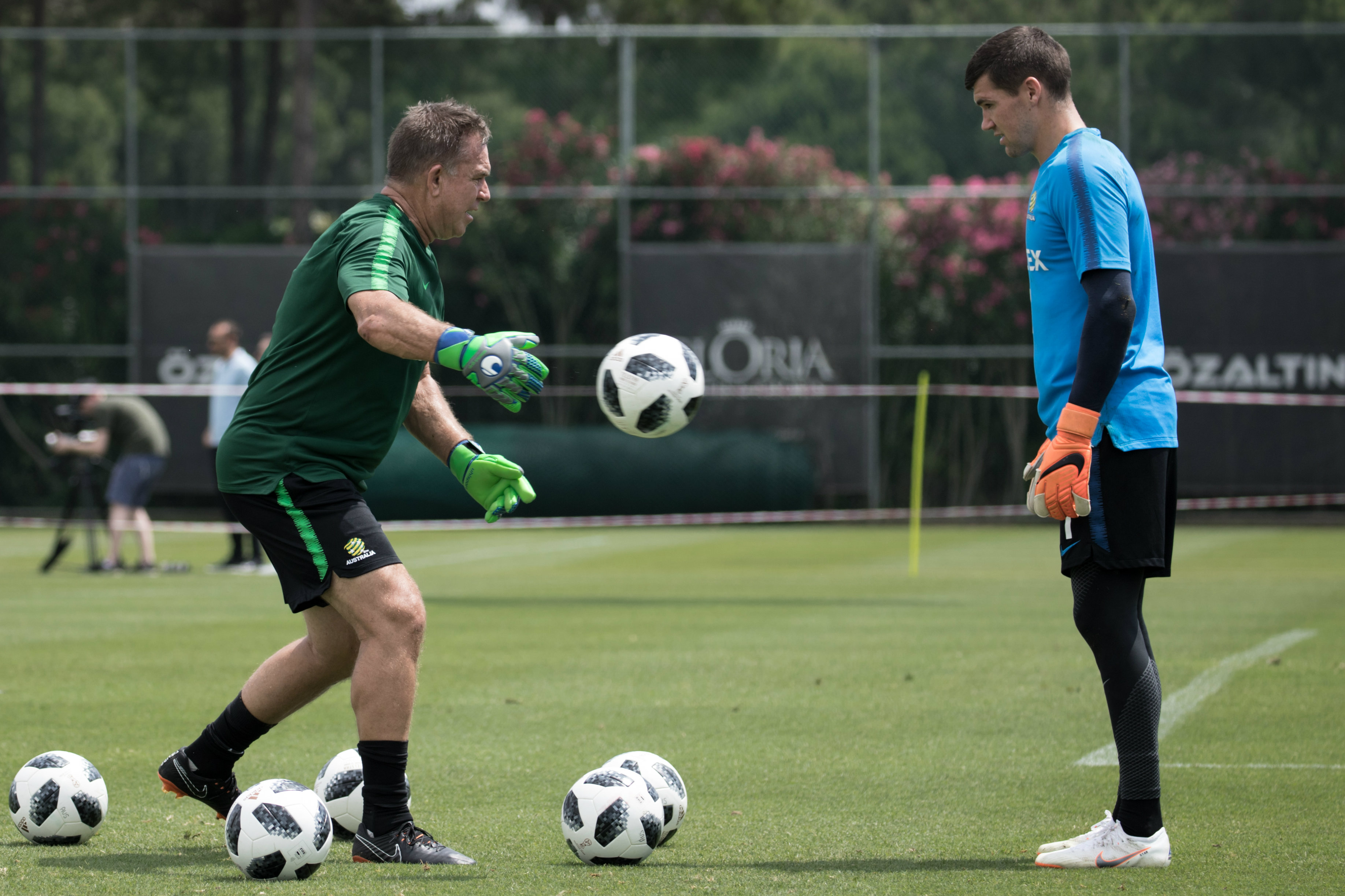 Goalkeeper coach Tony Franken working with Mat Ryan. Goalkeeper coach Tony Franken working with Mat Ryan.