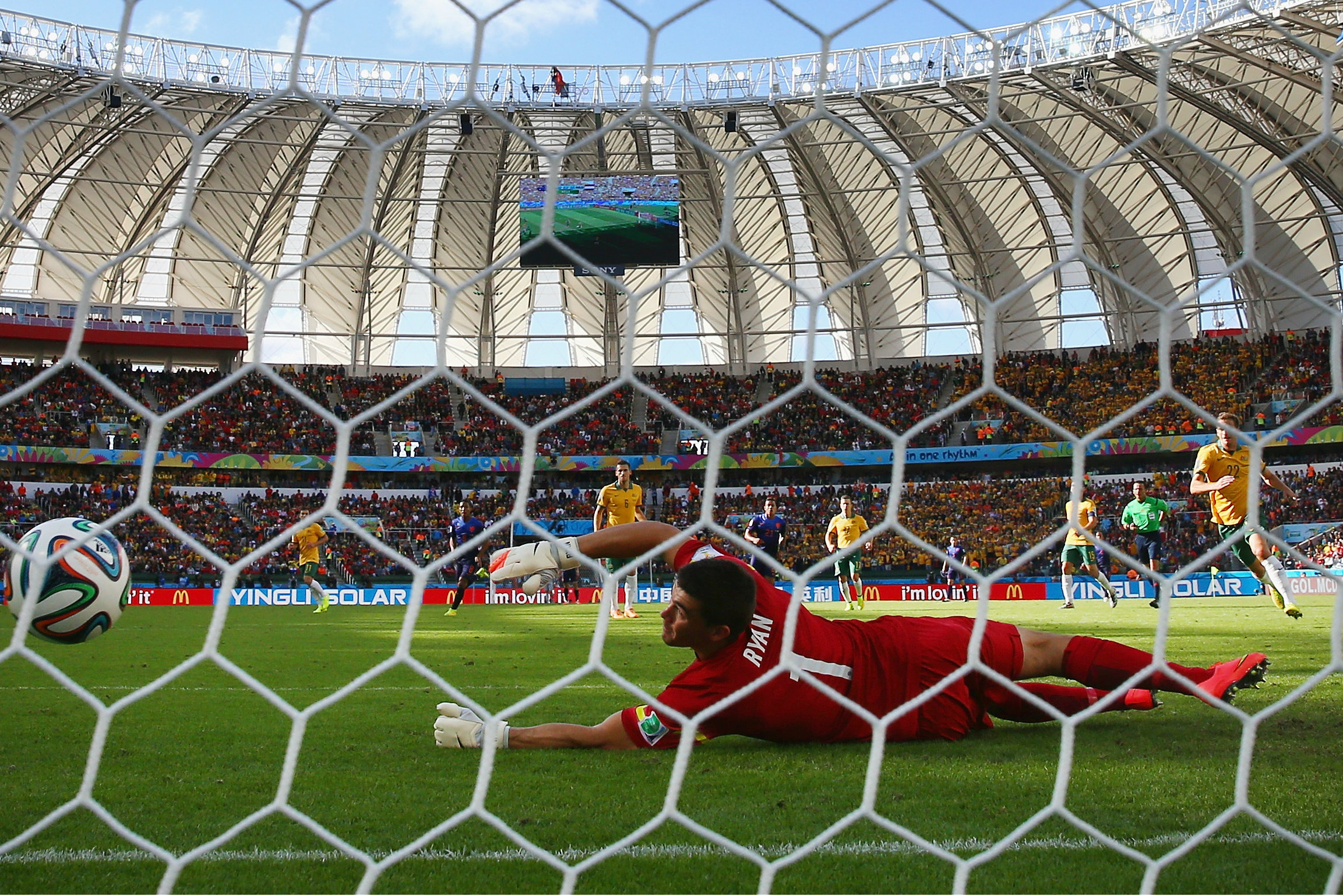 The moment. Mat Ryan lets the ball squirm through his hands and into the net against the Netherlands.
