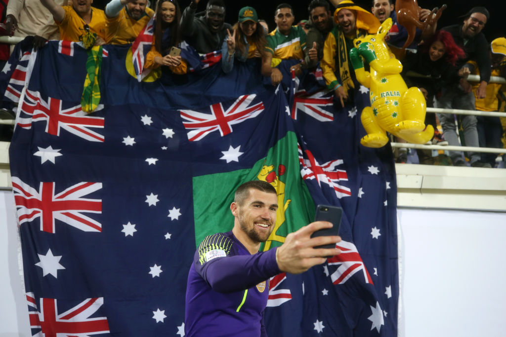 Mat Ryan with Australia fans v Uzbekistan