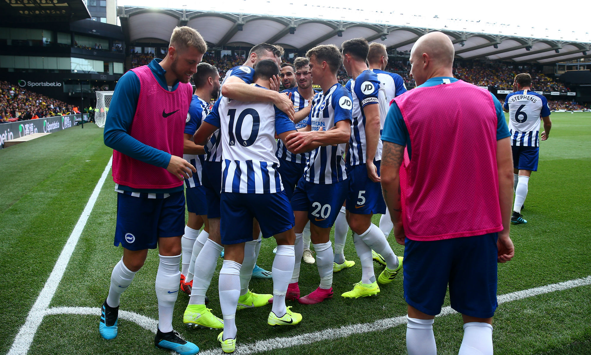 Aaron Mooy celebrates Brighton's third goal in the 3-0 victory against Watford.