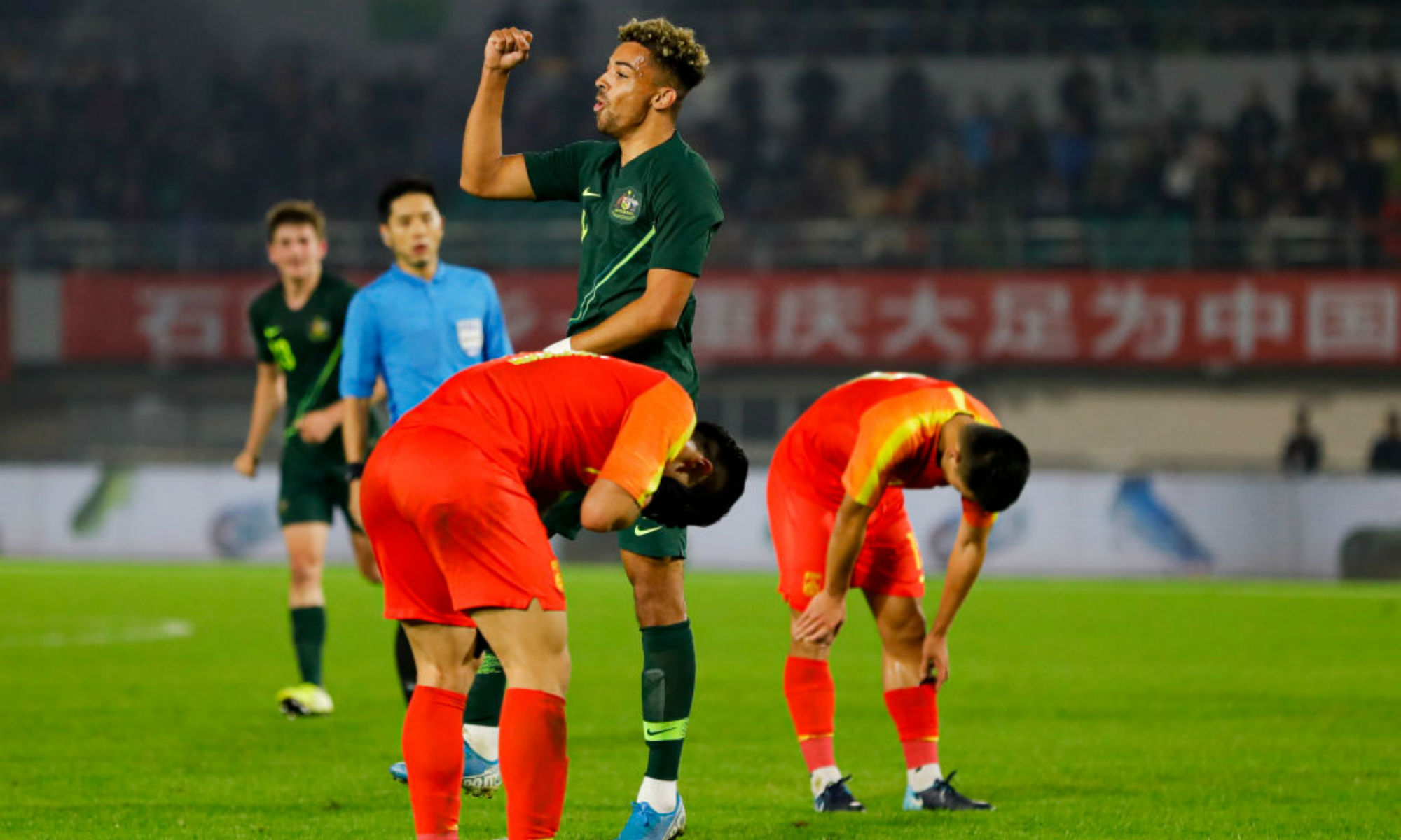 Ben Folami celebrates making it 5-1 against China U-23 Ben Folami celebrates making it 5-1 against China U-23