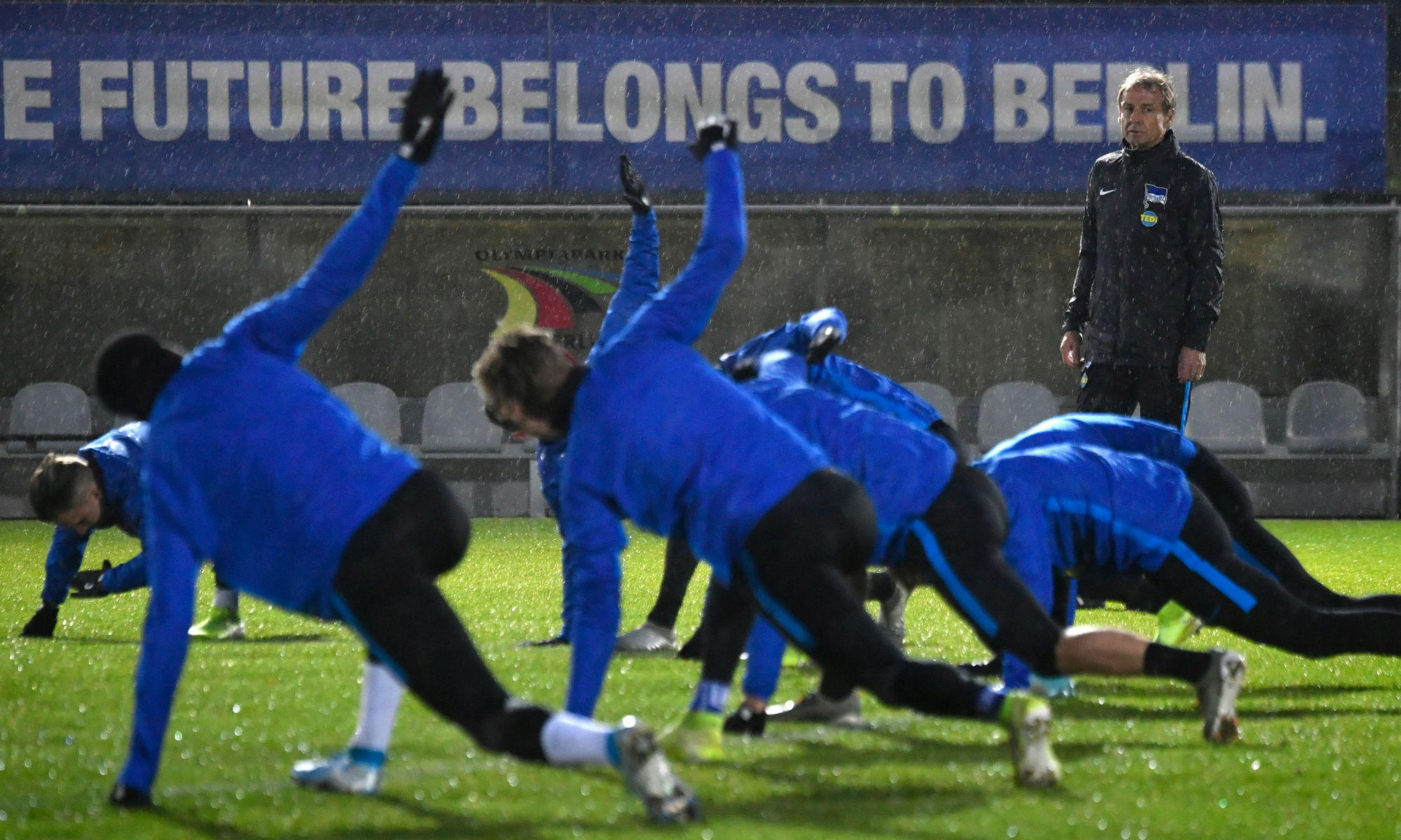 Jurgen Klinsmann takes charge of his first training session as Hertha Berlin coach.