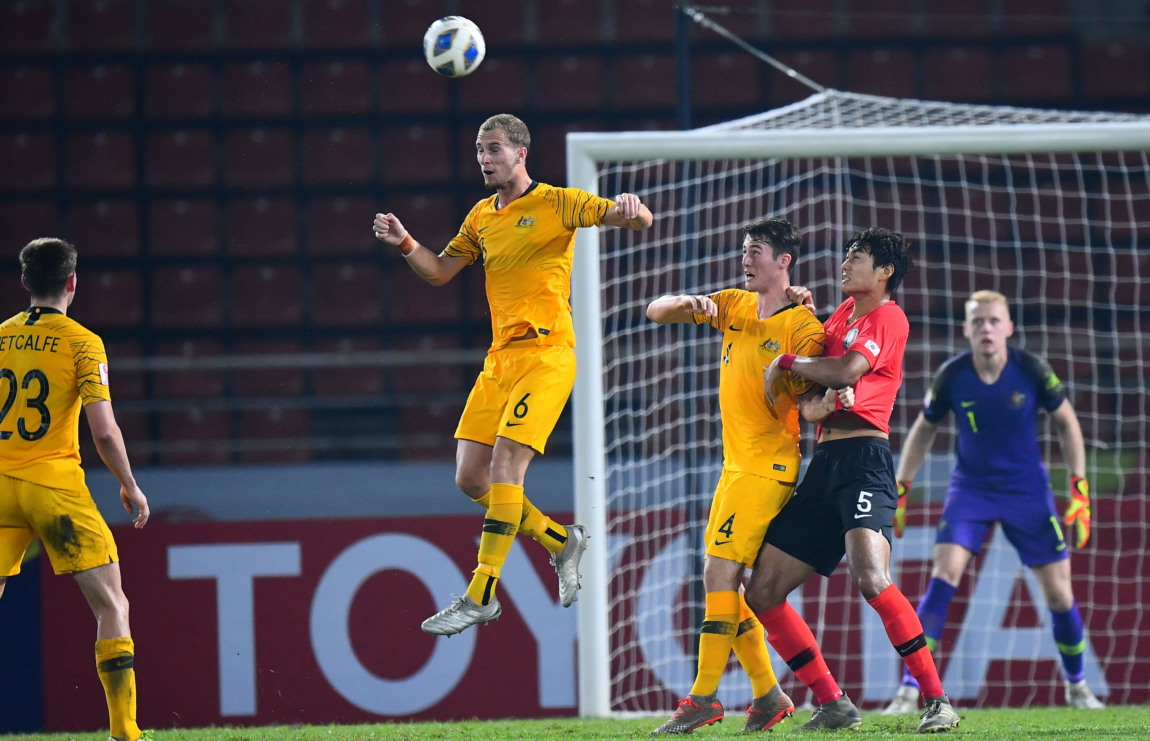 Tass Mourdoukoutas makes a vital clearance against Korea Republic Tass Mourdoukoutas makes a vital clearance against Korea Republic