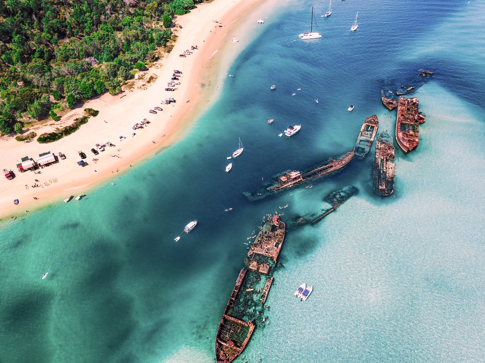 Aerial of Tangalooma wrecks Moreton Island