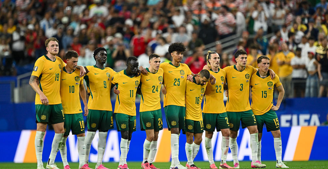 ARLINGTON, TEXAS - JULY 03: Players of Australia line up during the penalty shootout during the FIFA World Cup 2026 Round of 32 match between Australia and Egypt at Dallas Stadium on July 03, 2026 in Arlington, Texas. (Photo by Hannah Peters - FIFA/FIFA via Getty Images)