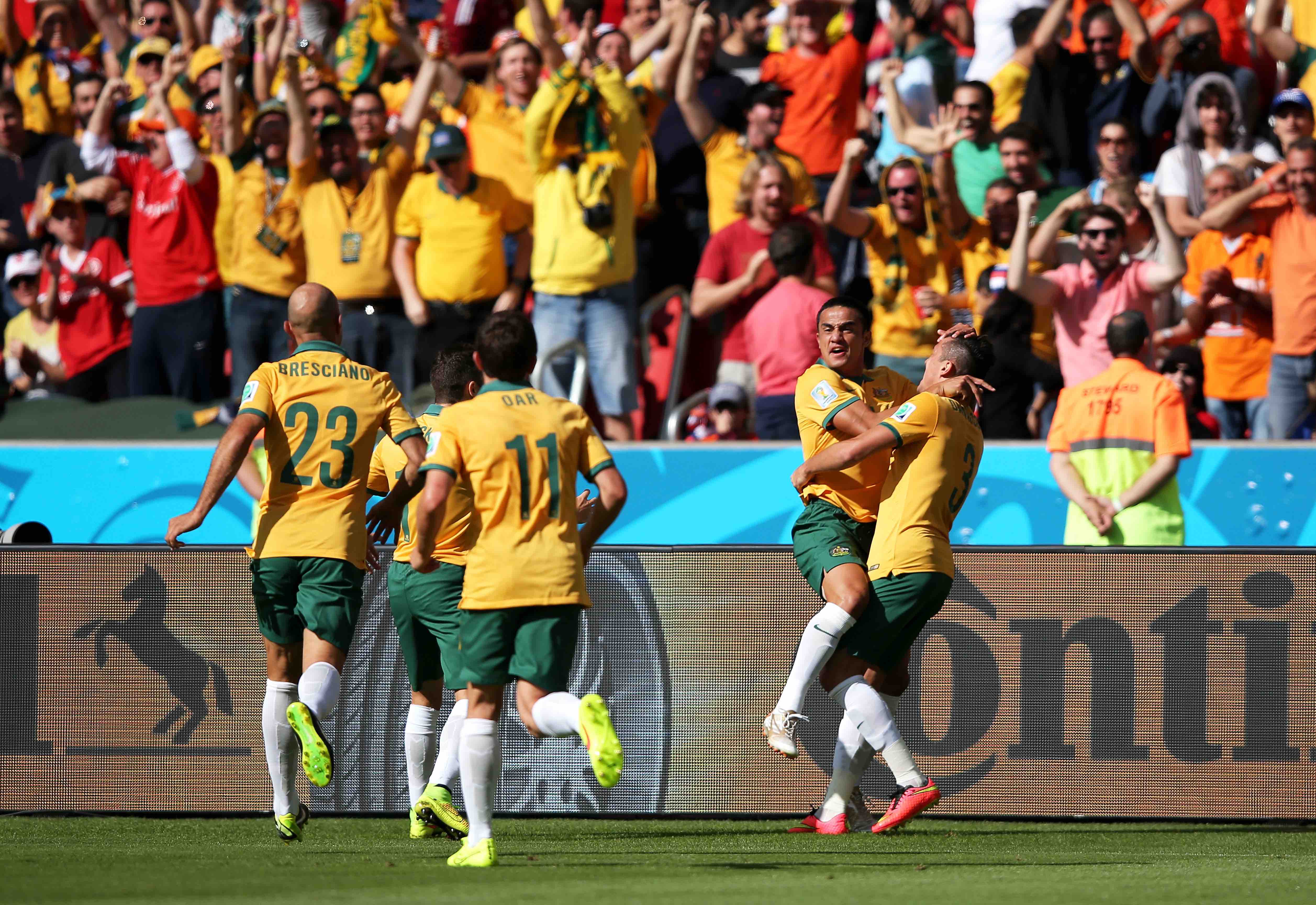 Cahill celebrating his famous goal against the Netherlands at the 2014 FIFA World Cup Cahill celebrating his famous goal against the Netherlands at the 2014 FIFA World Cup