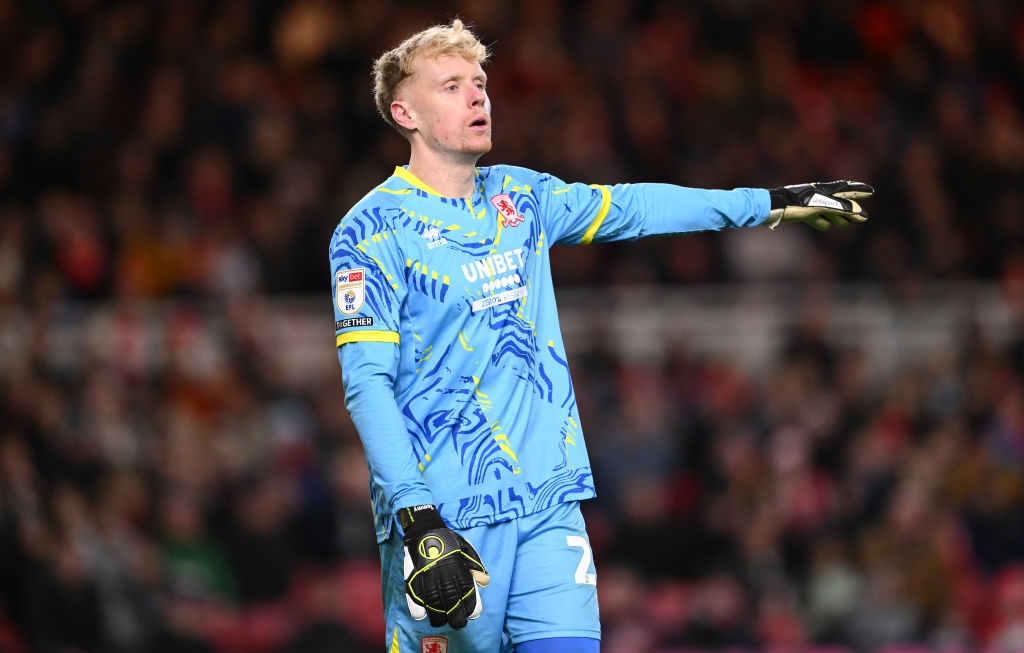 MIDDLESBROUGH, ENGLAND - DECEMBER 29: Middlesbrough goalkeeper Tom Glover reacts during the Sky Bet Championship match between Middlesbrough FC and Burnley FC at Riverside Stadium on December 29, 2024 in Middlesbrough, England. (Photo by Stu Forster/Getty Images)