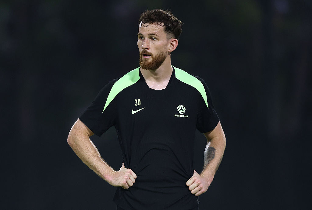 ABU DHABI, UNITED ARAB EMIRATES - MAY 21: Jack Iredale looks on during the Australia Socceroos player training camp at the Ritz Carlton Training Pitch on May 21, 2025 in Abu Dhabi, United Arab Emirates. (Photo by Francois Nel/Getty Images)