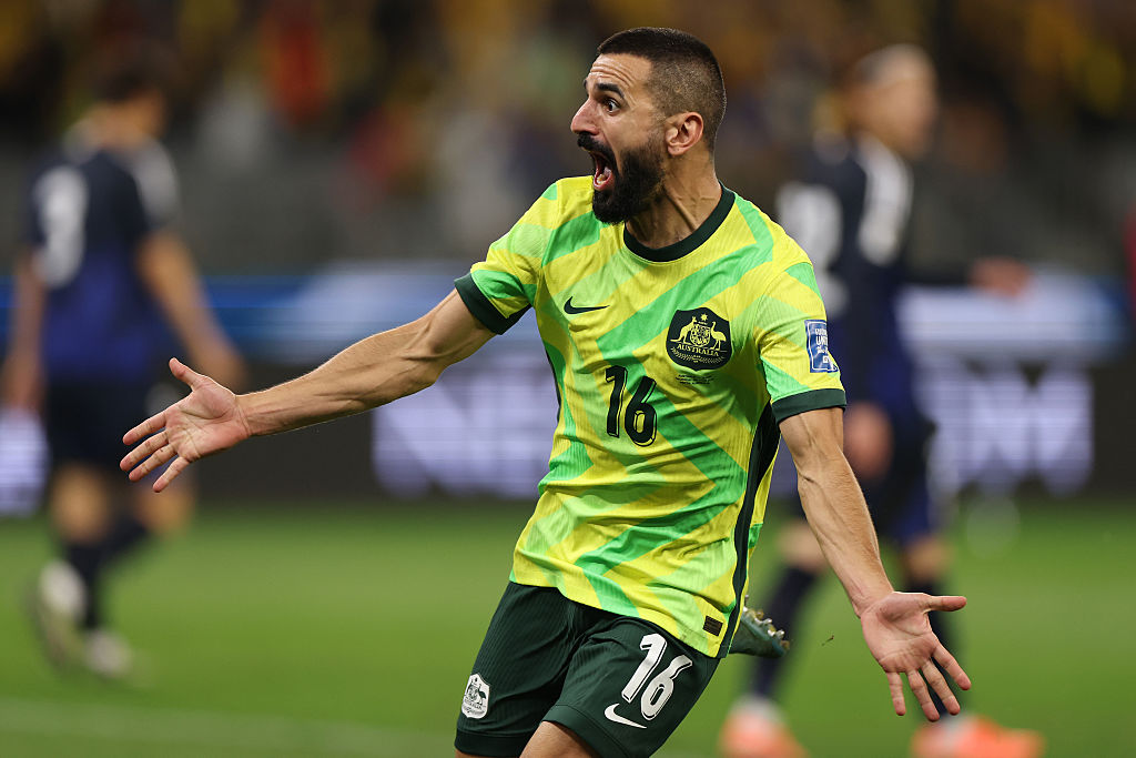 PERTH, AUSTRALIA - JUNE 05: Aziz Behich of the Socceroos celebrates scoring a goal during the FIFA World Cup 2026 Round Three AFC Asian Qualifier match between Australia Socceroos and Japan at Optus Stadium on June 05, 2025 in Perth, Australia. (Photo by Robert Cianflone/Getty Images)