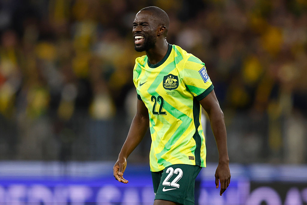 PERTH, AUSTRALIA - JUNE 05: Jason Geria of the Socceroos celebrates the win during the 2026 FIFA World Cup Round Three AFC Asian Qualifier match between Australia Socceroos and Japan at Optus Stadium on June 05, 2025 in Perth, Australia. (Photo by James Worsfold/Getty Images)