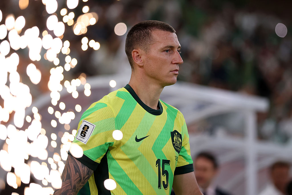 JEDDAH, SAUDI ARABIA - JUNE 10: Mitch Duke of Australia looks on prior to the 2026 FIFA World Cup Round Three AFC Asian Qualifier match between Saudi Arabia and Australia Socceroos at King Abdullah Sports City on June 10, 2025 in Jeddah, Saudi Arabia. (Photo by Robert Cianflone/Getty Images
