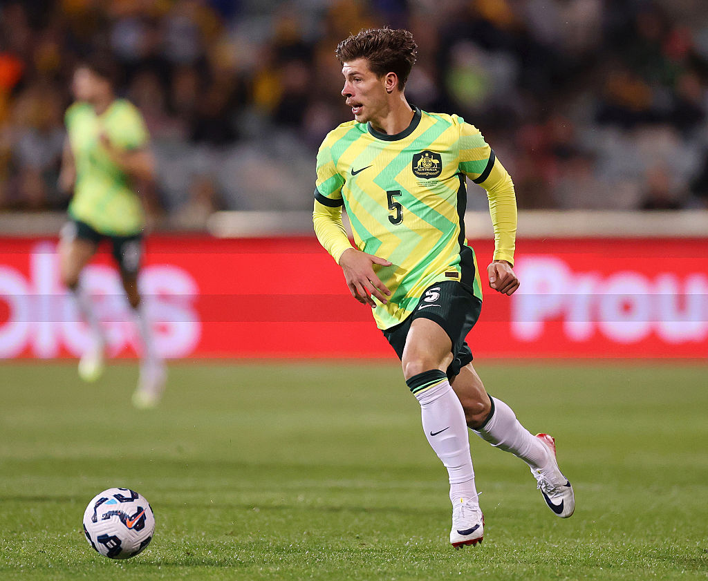 CANBERRA, AUSTRALIA - SEPTEMBER 05: Jordan Bos of Australia runs with the ball during the International Friendly Match between Australia Socceroos and New Zealand All Whites at GIO Stadium on September 05, 2025 in Canberra, Australia. (Photo by Robert Cianflone/Getty Images)