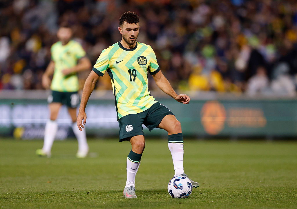 CANBERRA, AUSTRALIA - SEPTEMBER 05: Patrick Yazbek of Australia controls the ball during the International Friendly Match between Australia Socceroos and New Zealand All Whites at GIO Stadium on September 05, 2025 in Canberra, Australia. (Photo by Darrian Traynor/Getty Images)
