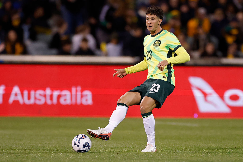 CANBERRA, AUSTRALIA - SEPTEMBER 05: Alessandro Circati of Australia kicks the ball during the International Friendly Match between Australia Socceroos and New Zealand All Whites at GIO Stadium on September 05, 2025 in Canberra, Australia. (Photo by Darrian Traynor/Getty Images)