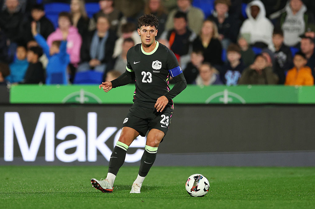 AUCKLAND, NEW ZEALAND - SEPTEMBER 09: Alessandro Circati of Australia passes the ball during the International Friendly match between New Zealand All Whites and Australia Socceroos at Go Media Stadium on September 09, 2025 in Auckland, New Zealand. (Photo by Fiona Goodall/Getty Images)