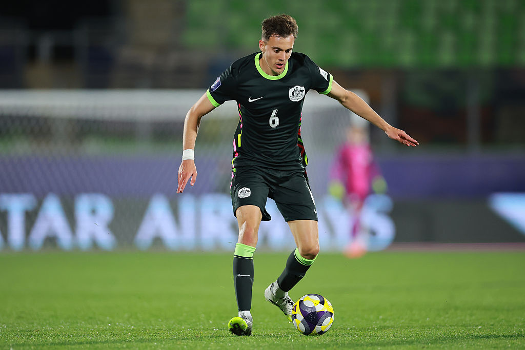 VALPARAISO, CHILE - OCTOBER 01: Paul Okon-engstler of Australia runs with the ball during the FIFA U-20 World Cup Chile 2025 Group D match between Argentina and Australia at Estadio Elías Figueroa Brander on October 01, 2025 in Valparaiso, Chile. (Photo by Hector Vivas - FIFA/FIFA via Getty Images)