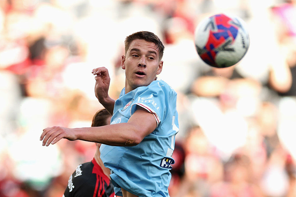 SYDNEY, AUSTRALIA - OCTOBER 18: Kai Trewin of City heads the ball during the round one A-League Men match between Western Sydney Wanderers and Melbourne City at CommBank Stadium, on October 18, 2025, in Sydney, Australia. (Photo by Cameron Spencer/Getty Images)