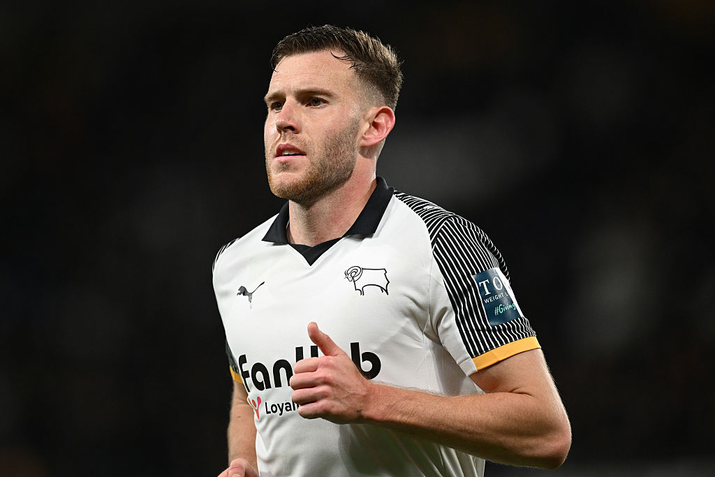 DERBY, ENGLAND - OCTOBER 21: Callum Elder of Derby during the Sky Bet Championship match between Derby County and Norwich City at Pride Park on October 21, 2025 in Derby, England. (Photo by Gareth Copley/Getty Images)