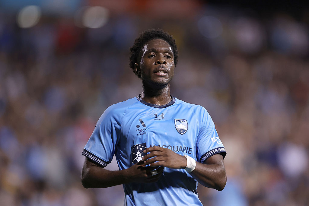 SYDNEY, AUSTRALIA - OCTOBER 25: Al Hassan Toure of Sydney FC reacts during the round two A-League Men match between Sydney FC and Central Coast Mariners at Leichhardt Oval, on October 25, 2025, in Sydney, Australia. (Photo by Jeremy Ng/Getty Images)