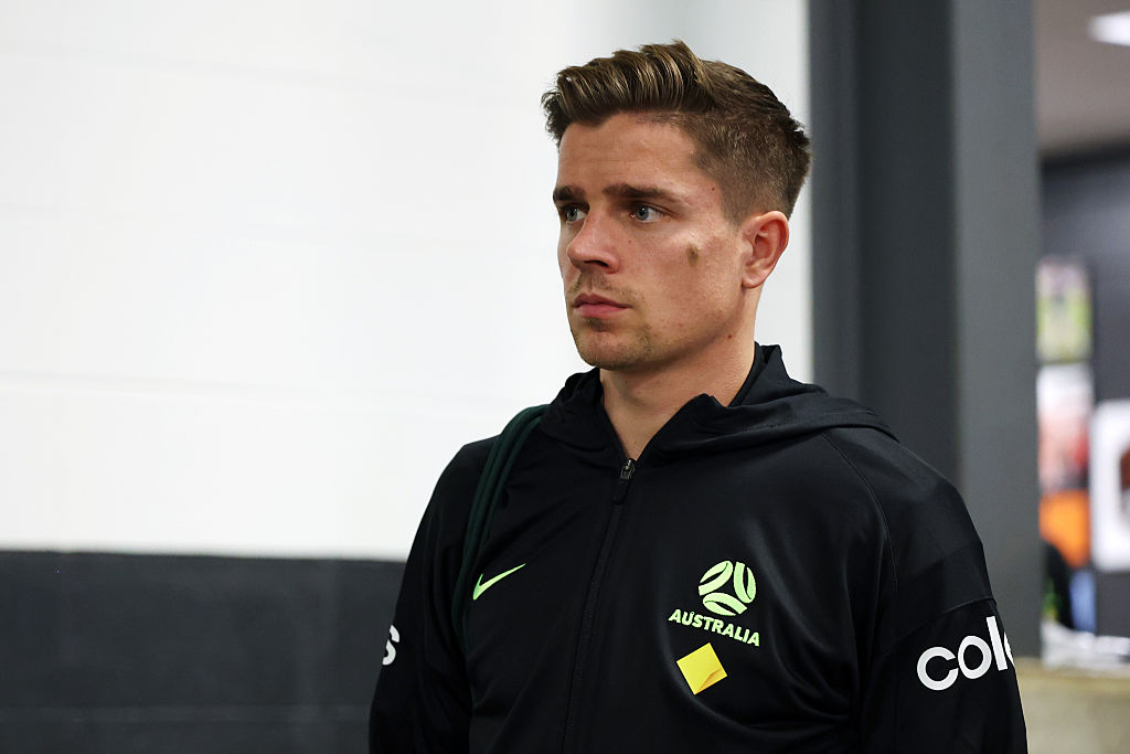HOUSTON, TEXAS - NOVEMBER 14: Cameron Devlin of Australia arrives at the stadium prior to the international friendly match between Venezuela and Australia at Shell Energy Stadium on November 14, 2025 in Houston, Texas. (Photo by Tim Warner/Getty Images for Soccer Australia)
