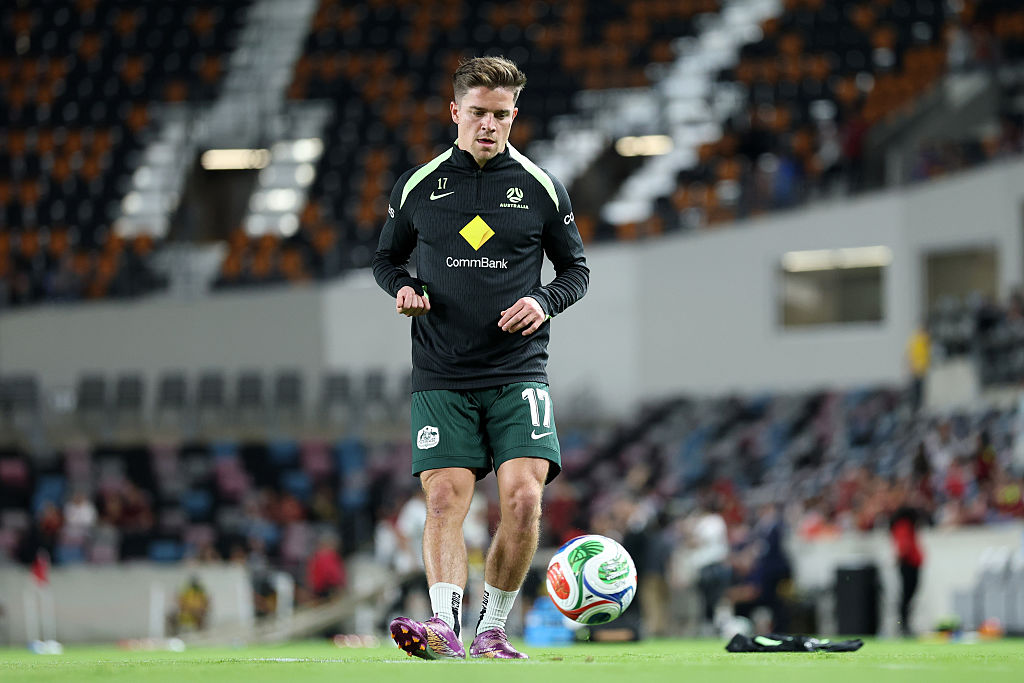 HOUSTON, TEXAS - NOVEMBER 14: Cameron Devlin of Australia warms up prior to the international friendly match between Venezuela and Australia at Shell Energy Stadium on November 14, 2025 in Houston, Texas. (Photo by Tim Warner/Getty Images for Soccer Australia)