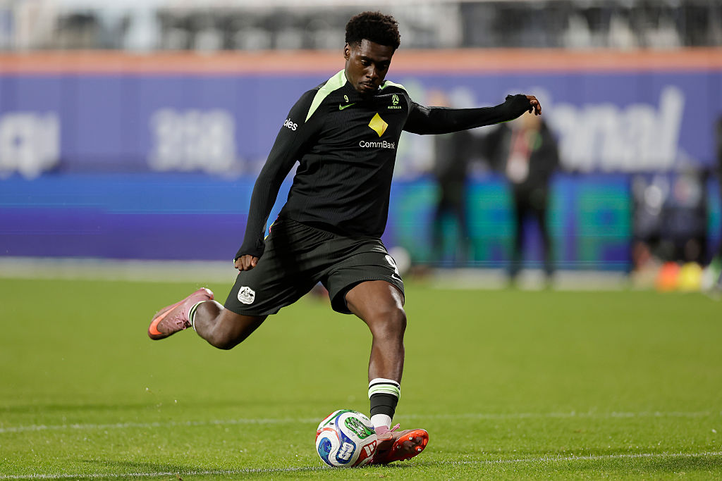 NEW YORK, NEW YORK - NOVEMBER 18: Mohamed Toure of Australia warms up prior to the International Friendly match between Colombia and Australia at Citi Field on November 18, 2025 in New York City. (Photo by Adam Hunger/Getty Images for Soccer Australia)