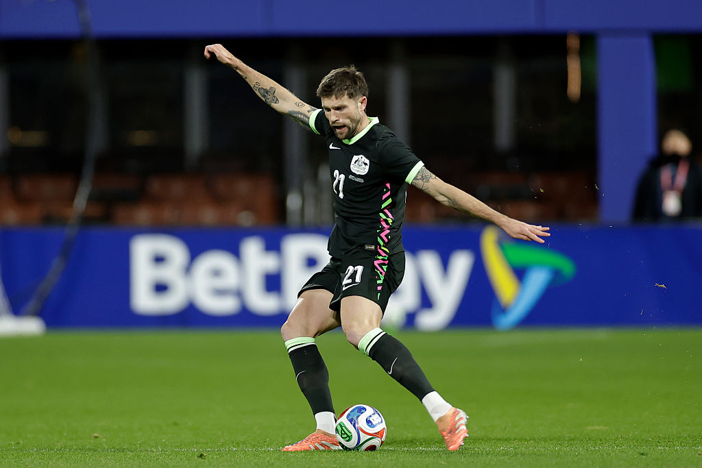 NEW YORK, NEW YORK - NOVEMBER 18: Cameron Burgess of Australia shoots during the International Friendly match between Colombia and Australia at Citi Field on November 18, 2025 in New York City. (Photo by Adam Hunger/Getty Images for Soccer Australia)
