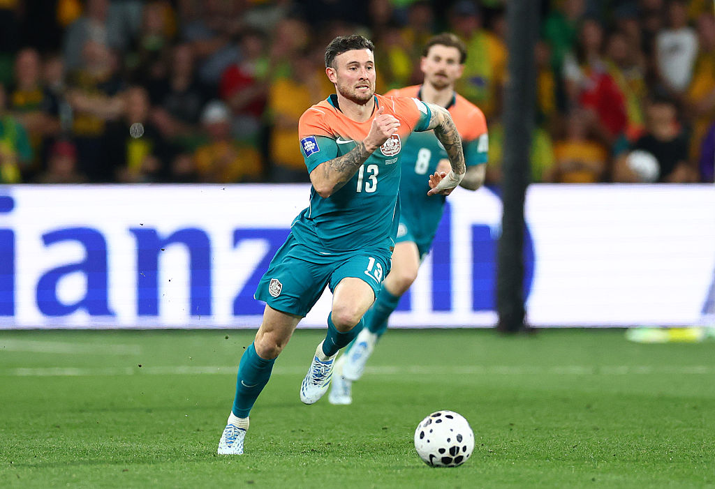MELBOURNE, AUSTRALIA - MARCH 31: Aiden O'Neill of Australia runs with the ball during the FIFA Series match between Australia Socceroos and Curacao at AAMI Park on March 31, 2026 in Melbourne, Australia. (Photo by Robert Cianflone/Getty Images)