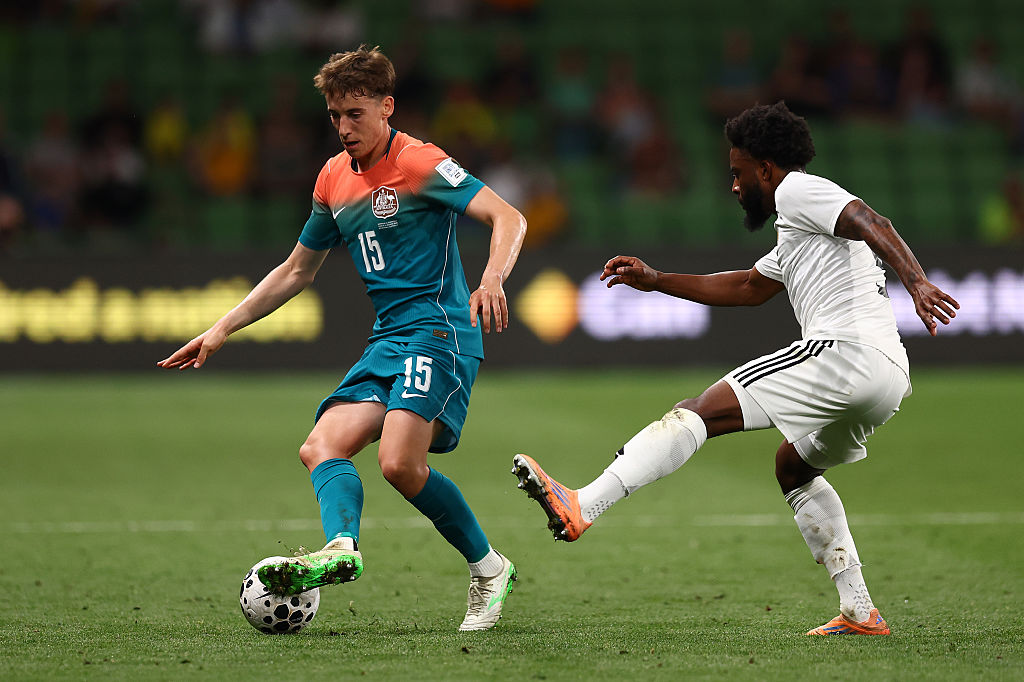 MELBOURNE, AUSTRALIA - MARCH 31: Kai Trewin of Australia in action during the FIFA Series match between Australia Socceroos and Curacao at AAMI Park on March 31, 2026 in Melbourne, Australia. (Photo by Graham Denholm/Getty Images)