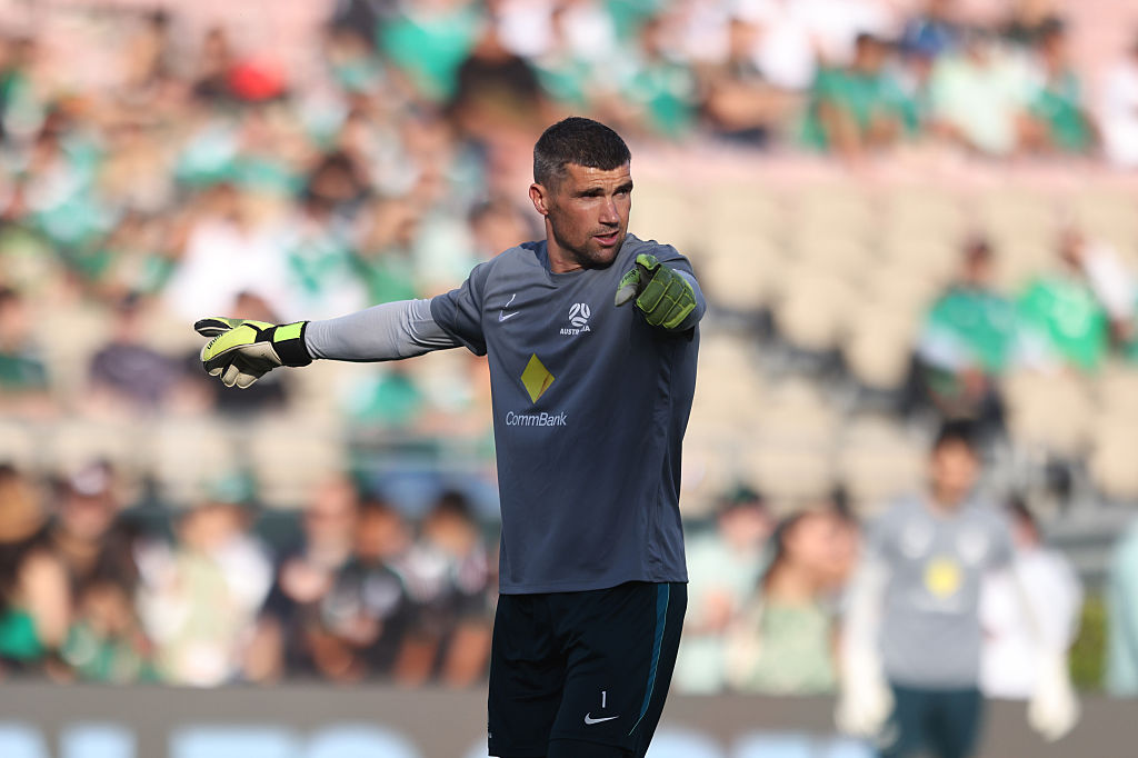 PASADENA, CALIFORNIA - MAY 30: Mathew Ryan of Australia warms up prior to the international friendly match between Mexico and Australia at Rose Bowl Stadium on May 30, 2026 in Pasadena, California. (Photo by Luiza Moraes/Getty Images)