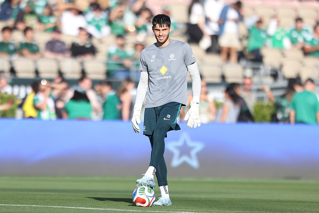 PASADENA, CALIFORNIA - MAY 30: Patrick Beach of Australia warms up prior to the international friendly match between Mexico and Australia at Rose Bowl Stadium on May 30, 2026 in Pasadena, California. (Photo by Luiza Moraes/Getty Images)