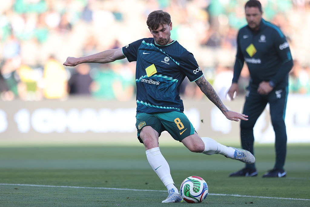 PASADENA, CALIFORNIA - MAY 30: Connor Metcalfe of Australia warms up prior to the international friendly match between Mexico and Australia at Rose Bowl Stadium on May 30, 2026 in Pasadena, California. (Photo by Luiza Moraes/Getty Images)