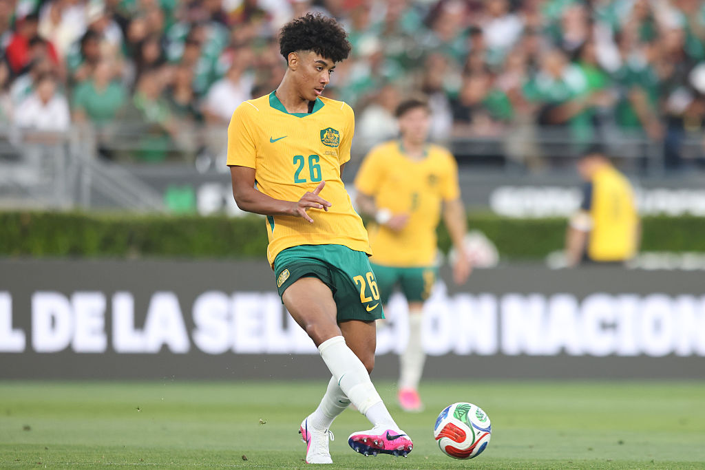 PASADENA, CALIFORNIA - MAY 30: Lucas Herrington of Australia shoots during the international friendly match between Mexico and Australia at Rose Bowl Stadium on May 30, 2026 in Pasadena, California. (Photo by Luiza Moraes/Getty Images)