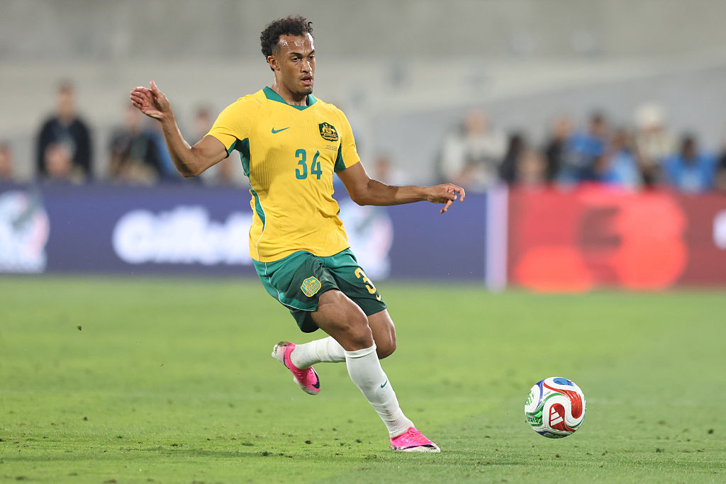 PASADENA, CALIFORNIA - MAY 30: Nishan Velupillay of Australia runs with the ball during the international friendly match between Mexico and Australia at Rose Bowl Stadium on May 30, 2026 in Pasadena, California. (Photo by Luiza Moraes/Getty Images)