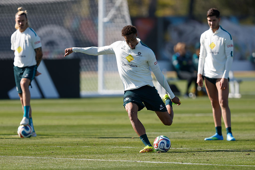 ALAMEDA, CALIFORNIA - JUNE 03: Tete Yengi #26 of Australia shoots the ball during a training session at Oakland Roots and Soul Sports Club on June 03, 2026 in Alameda, California. (Photo by Lachlan Cunningham/Getty Images)