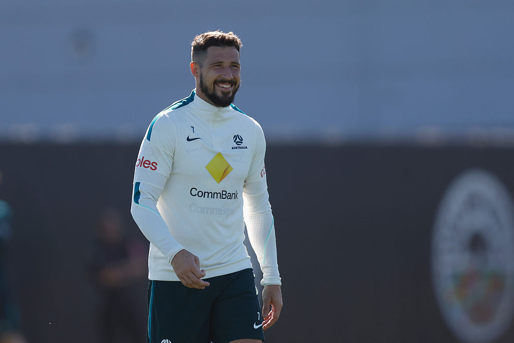 ALAMEDA, CALIFORNIA - JUNE 03: Matthew Leckie #7 of Australia looks on during a training session at Oakland Roots and Soul Sports Club on June 03, 2026 in Alameda, California. (Photo by Lachlan Cunningham/Getty Images)
