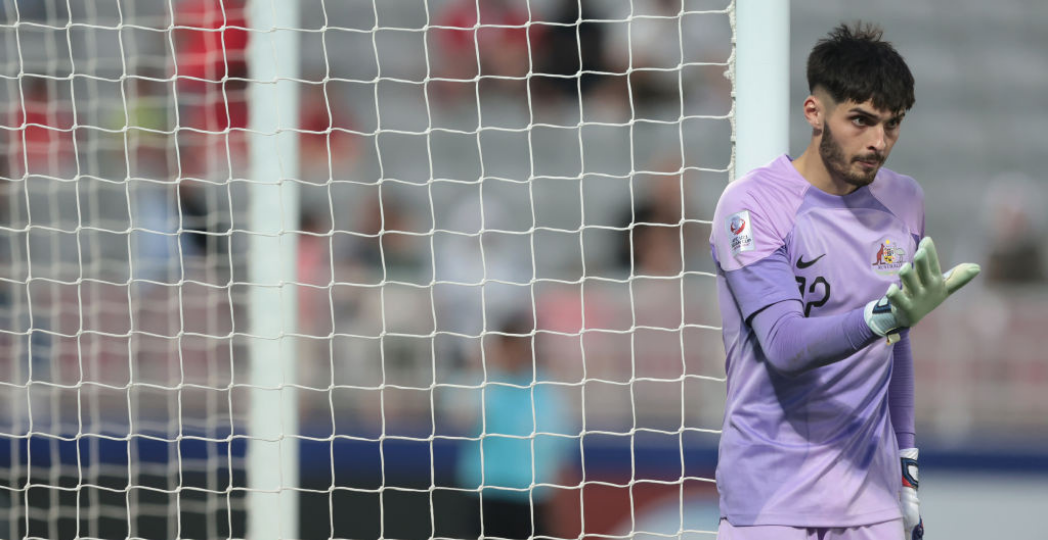 DOHA, QATAR - APRIL 15: Goalkeeper Patrick Beach of Australia reacts after the AFC U23 Asian Cup Group A match between Australia and Jordan at Abdullah bin Khalifa Stadium on April 15, 2024 in Doha, Qatar. (Photo by Mohamed Farag/Getty Images)