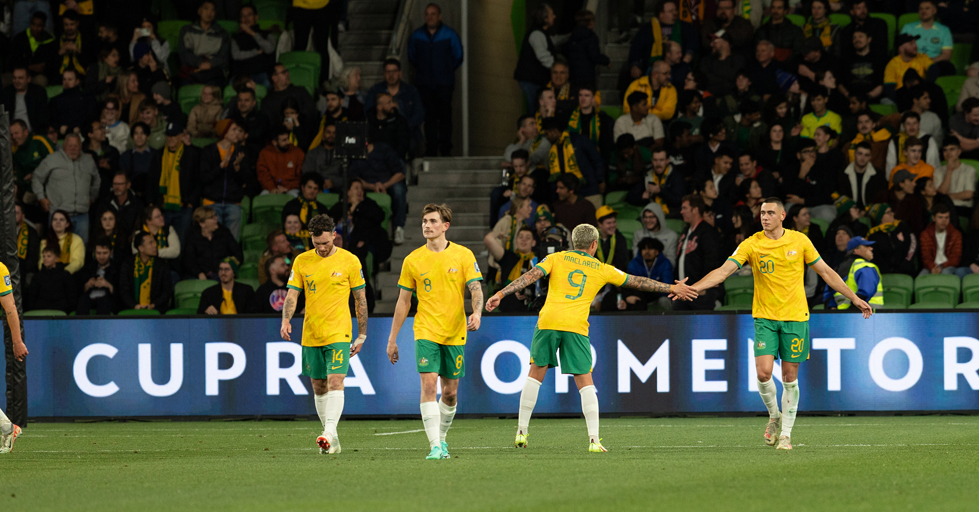 The Socceroos celebrate scoring a goal in the 7-0 win over Bangladesh at AAMI Park