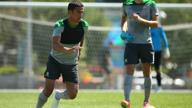 Tim Cahill controls the ball during a Socceroos training session.