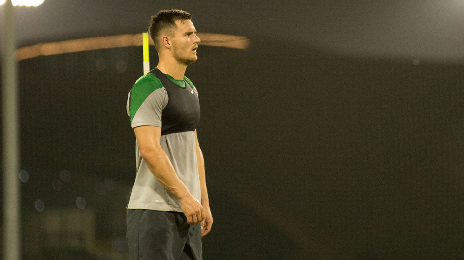 Bailey Wright sweats it out at a Socceroos training session in Dubai.